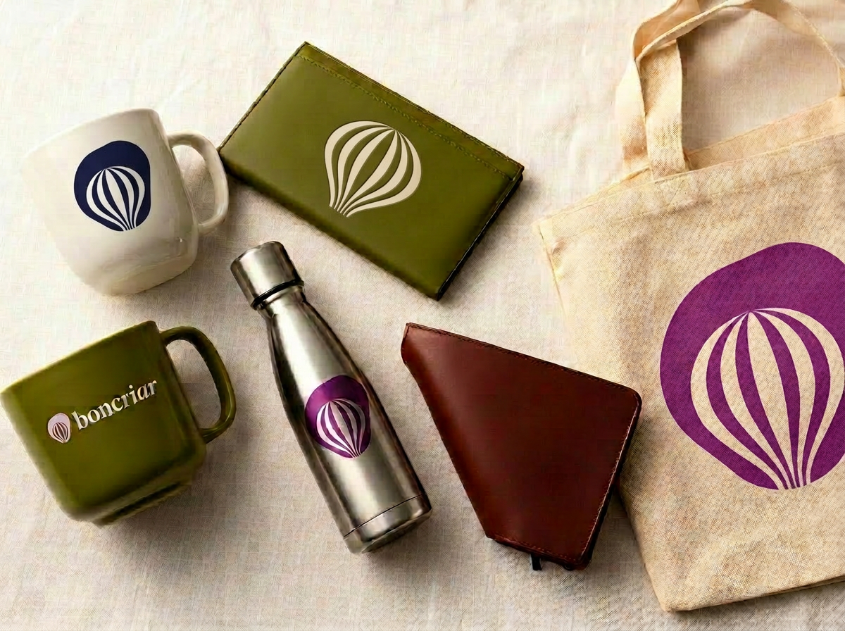 Kits corporativos personalizados Gráfica Boncriar com canecas, garrafas, agendas e sacolas